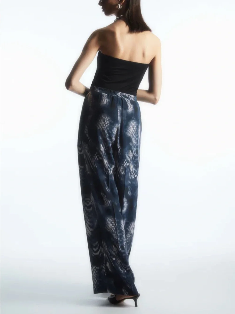 COS Pure Silk Wide-Leg Palazzo Pants EU 36 US 4 Navy Ivory Print